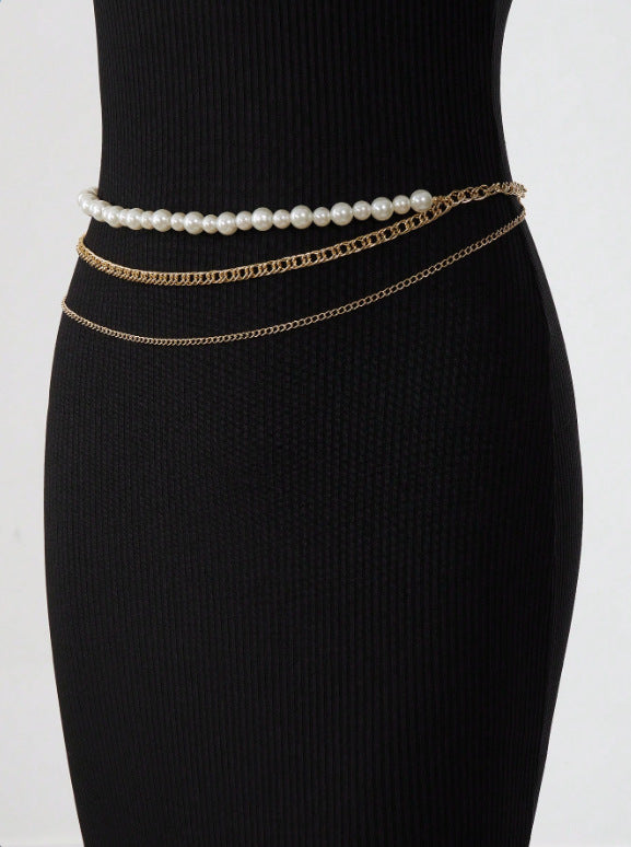 FB3363 2025 waist chain simple pearl chain metal chain wavy tassel side pendulum chain combined waist chain