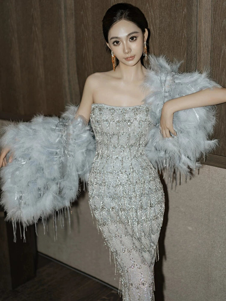 High-end heavy industry evening dress temperament light luxury sequined feather tube top fringed engagement welcome banquet fish tail toast dress