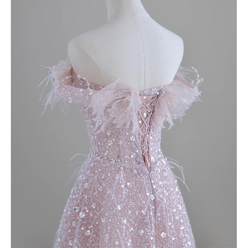2025 Pink feather evening dress women's high sense one-word shoulder toast dress bride fairy temperament socialite engagement banquet princess dress