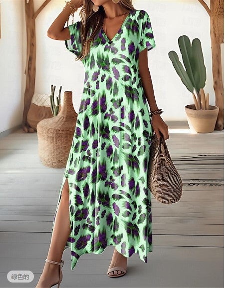 Zllk Women's Casual Dress Summer Digital Printing Split V-neck Street Style Short Sleeve Regular Dress