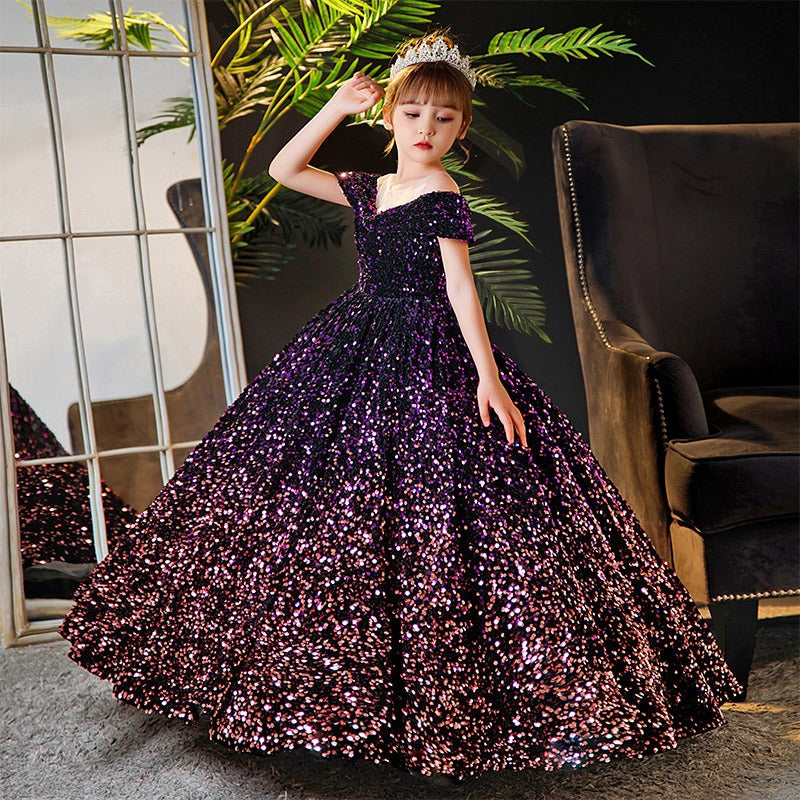 ZllKl Children's Dress Princess Dress Spring Girls Catwalk Flower Girl Tulle Tutu Host Costume for Piano Performance Dress