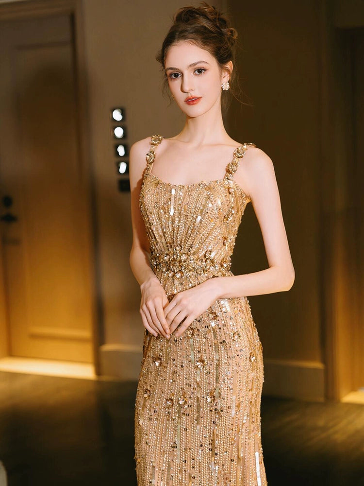 Gold suspender evening dress temperament sequins bride high-end light luxury heavy industry toasting clothes thousand gold wind engagement fishtail skirt