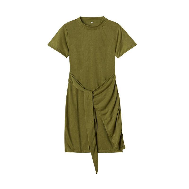 ZllKl European and American Popular Short Sleeve round Neck Pleated Bow Belt Irregular Dress