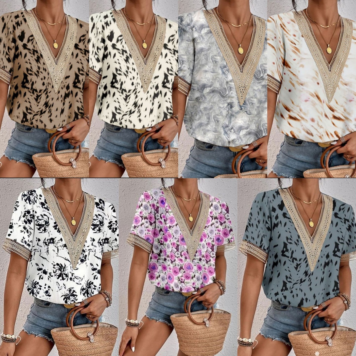 ZllKl Cross-Border EBay Women's Clothing V-neck Lace Loose Top Temperament Commute Short Sleeve Digital Printed T-shirt