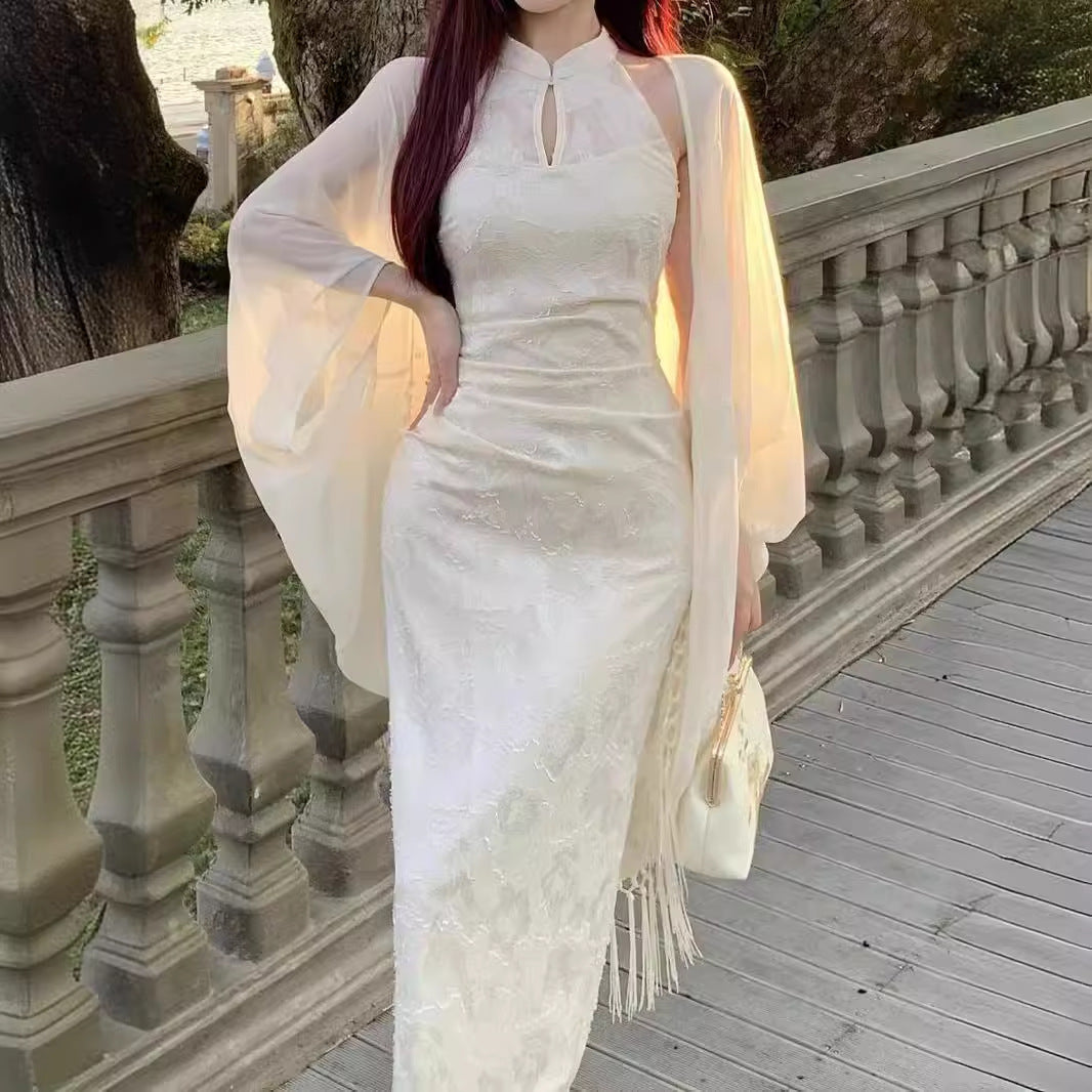 2025 Spring and summer new Chinese suit dress women's cold sense retro improved cheongsam white long dress bat sleeve cardigan