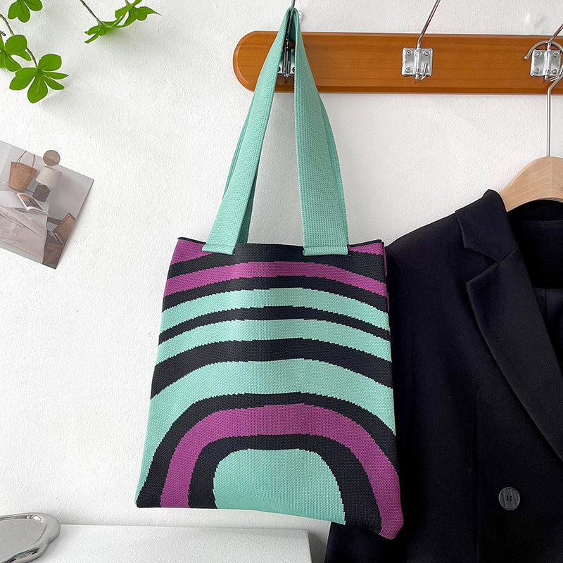 ZllKl Cross-Border Knitted Shoulder Hand Holding Tote Simple Striped Student Shopping Canvas Bag Large Capacity Women's Bag