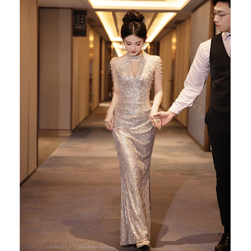 2025 Banquet evening dress 2025 new champagne neck tassel sequins fishtail long dress annual meeting art examination performance clothes