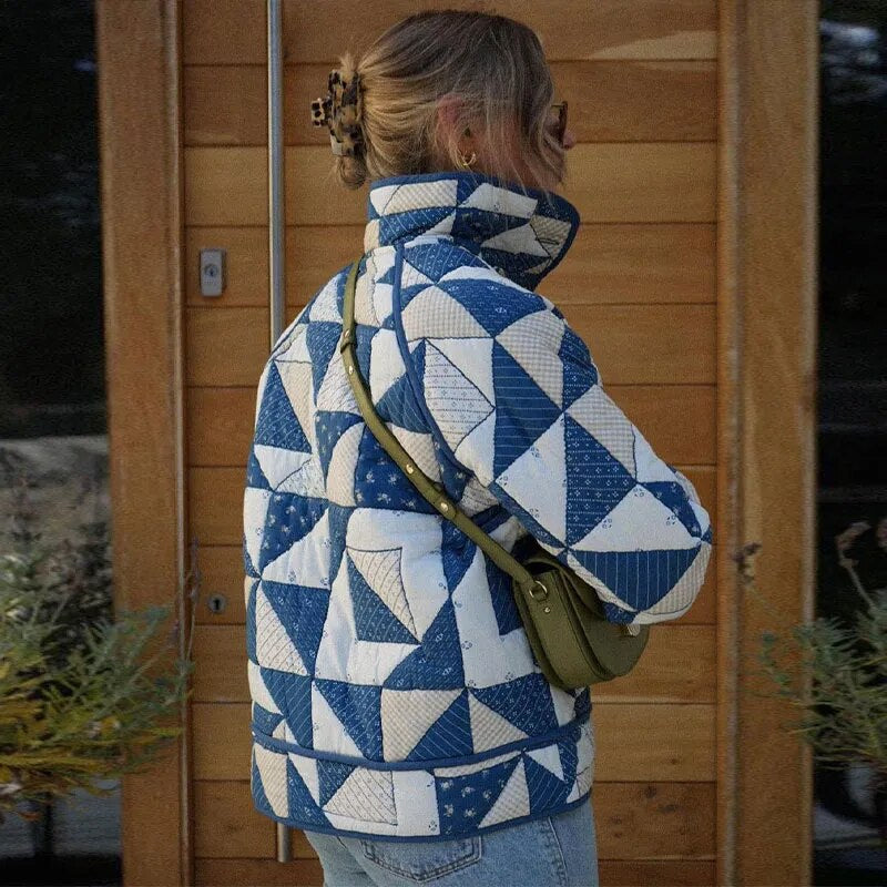 autumn and winter explosion cross-border high-necked fashion rhombus printing women's cotton-padded jacket 085