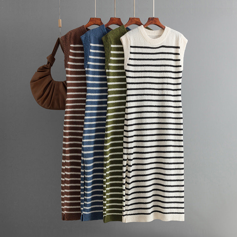 ZllKl New summer new slim-fit intercolor women's knitted sweater striped long dress fashion dress