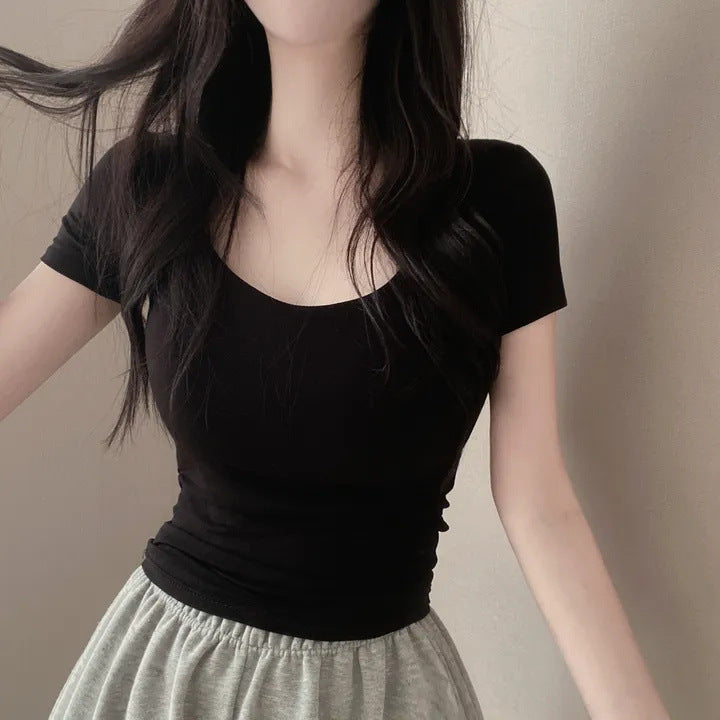 ZLLKL Manufacturer's black basic square neck short-sleeved t-shirt short summer and Korean version pure cotton color base thin slim and thin