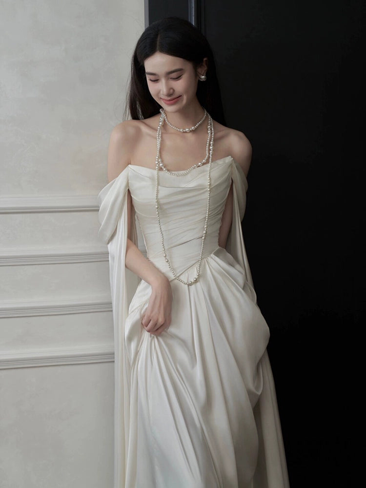 One-word shoulder satin light wedding dress bridal high sense super fairy welcome out yarn temperament light luxury bridal engagement dress