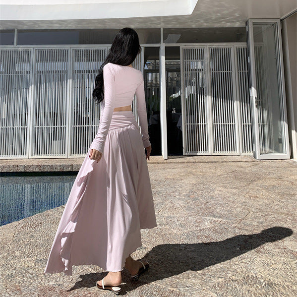 2025 Autumn new long-sleeved pure desire temperament hollow high waist thin folds irregular inner cover bottom dress women
