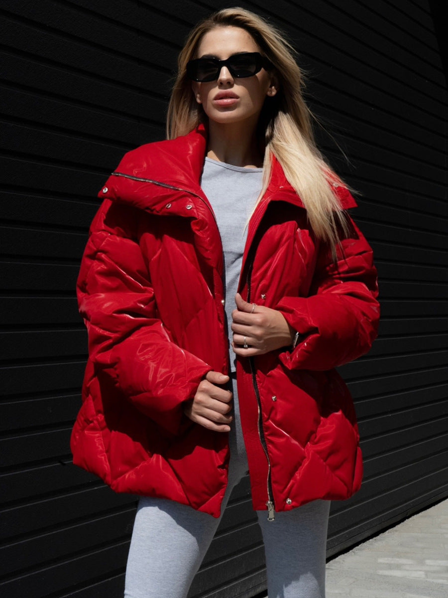 Cross-border rhombus cotton clothes European and American women's clothing autumn and winter new loose coat matte glossy lapel cotton-padded casual jacket