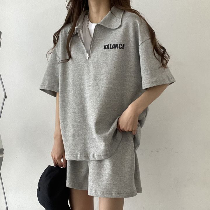 ZllKl Wholesale 4 colors, suit women's casual zipper short-sleeved two-piece set solid color Korean version cotton summer sportswear fashionable and loose