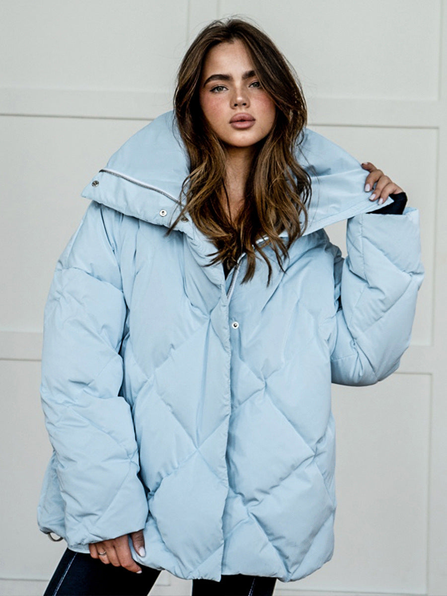Cross-border rhombus cotton clothes European and American women's clothing autumn and winter new loose coat matte glossy lapel cotton-padded casual jacket