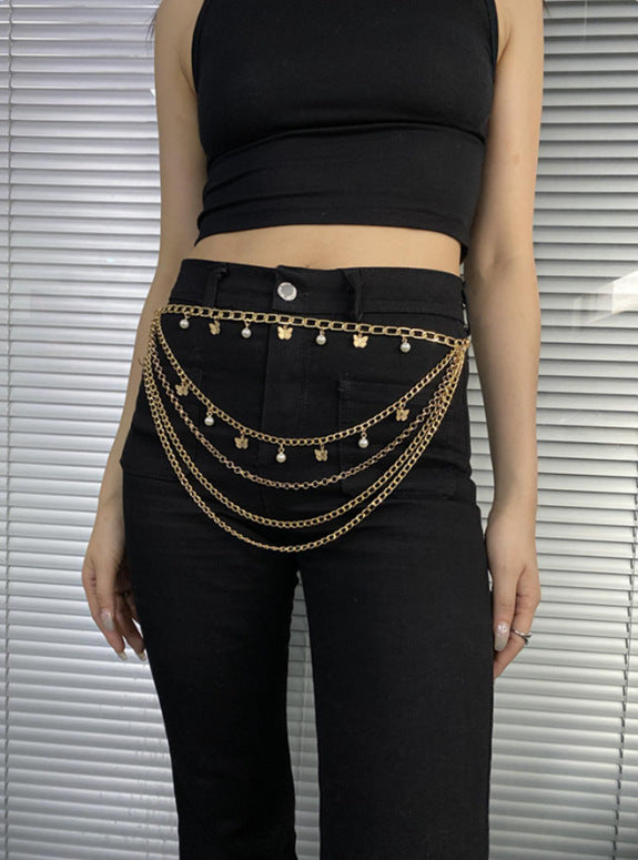 MW3545 2025 waist chain butterfly pearl pendant mixed multi-layer metal personalized waist chain body chain