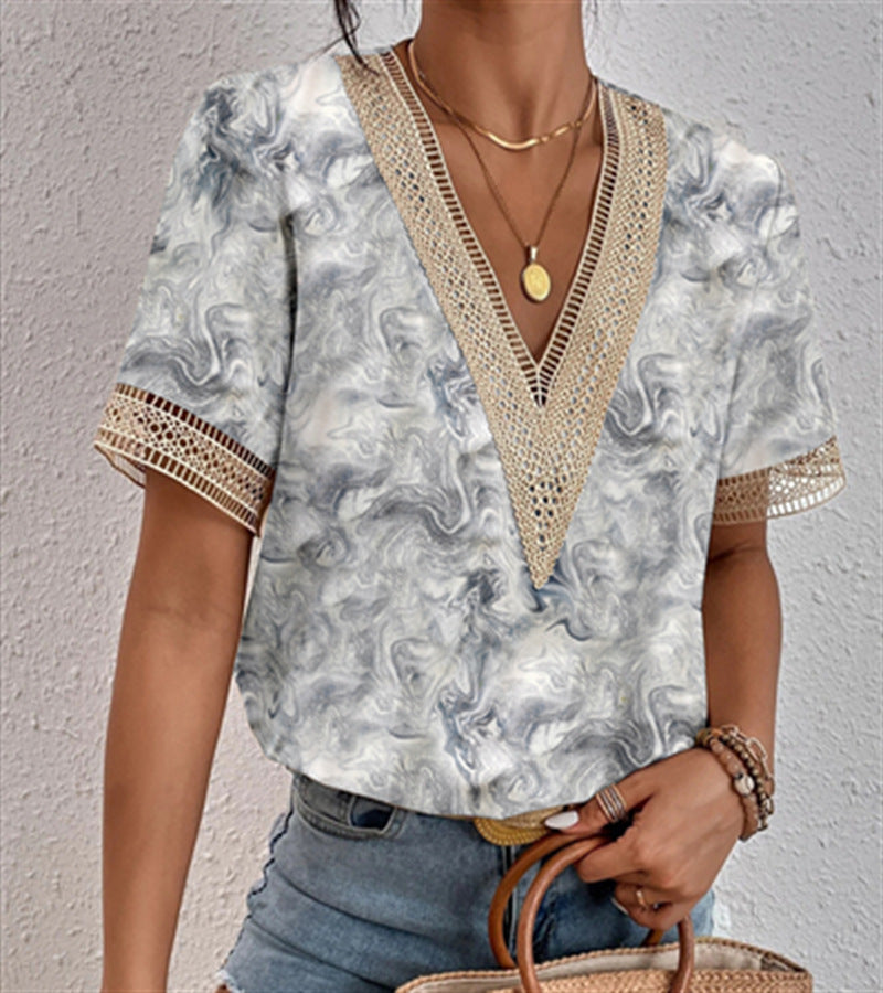 ZllKl Cross-Border EBay Women's Clothing V-neck Lace Loose Top Temperament Commute Short Sleeve Digital Printed T-shirt