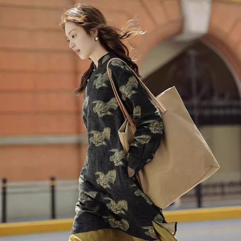 2025 Women's cotton-padded jacket, medium and long cotton-padded jacket, women's loose cotton-padded jacket, cotton and linen printed new Chinese-style padded cheongsam A1116
