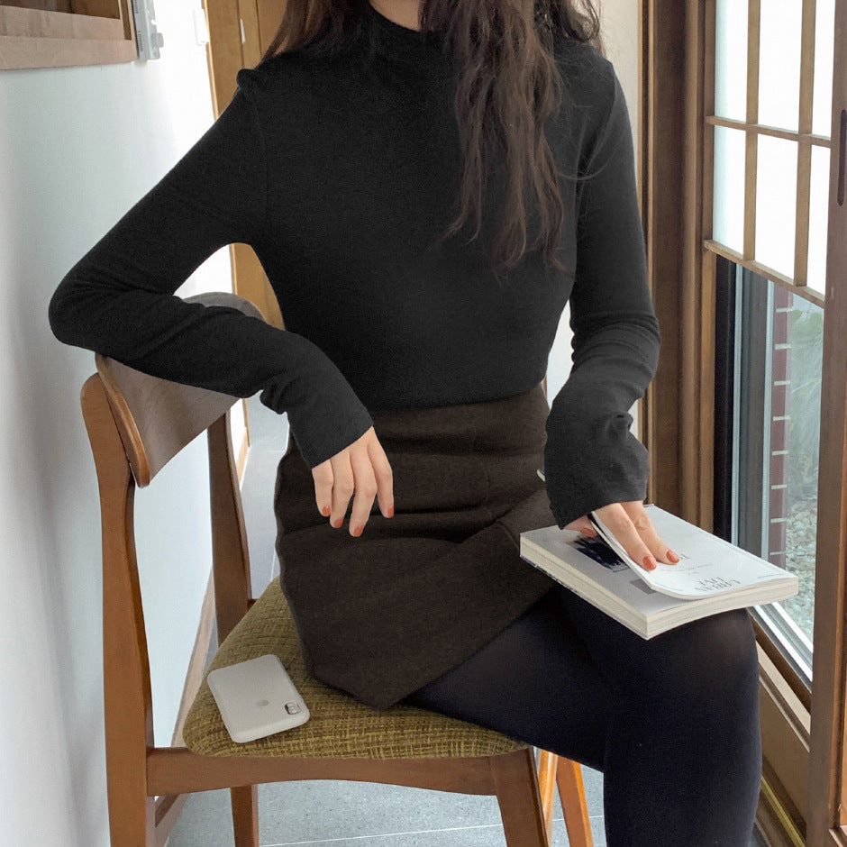 ZLLKL 6-color, semi-turtleneck double-sided German velvet bottoming shirt for women's autumn and winter, student warm long-sleeved women's top, 2025 style