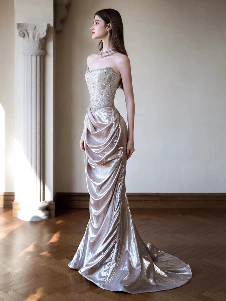 Tube top high-end evening dress temperament light luxury high-end sense sequined fishtail skirt bride engagement banquet heavy industry toasting clothes