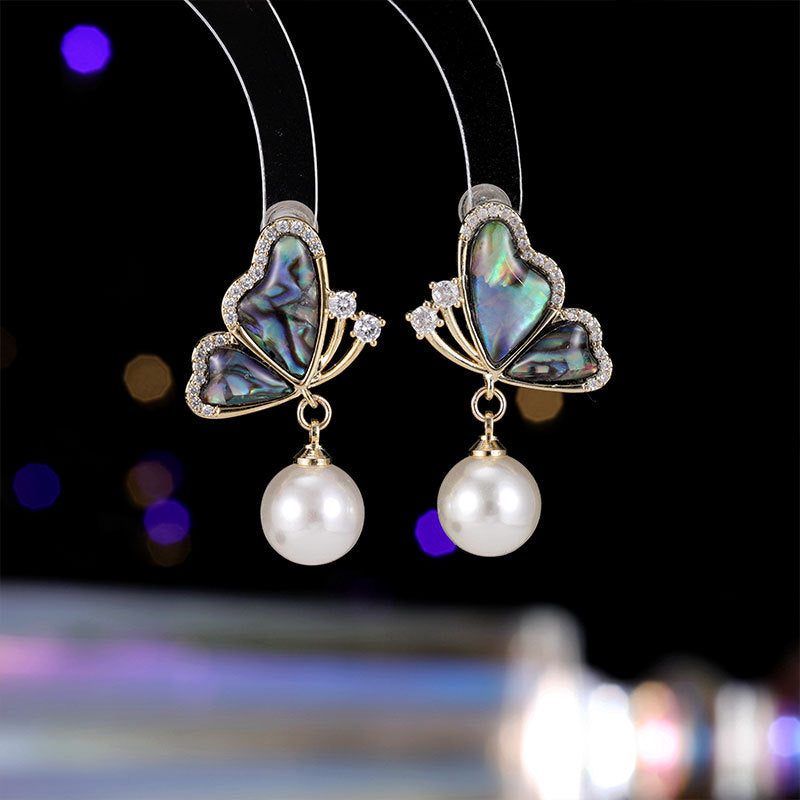 2025 Natural abalone shell retro zircon dream butterfly smart pearl shell stud earrings women's new fashion light luxury earrings