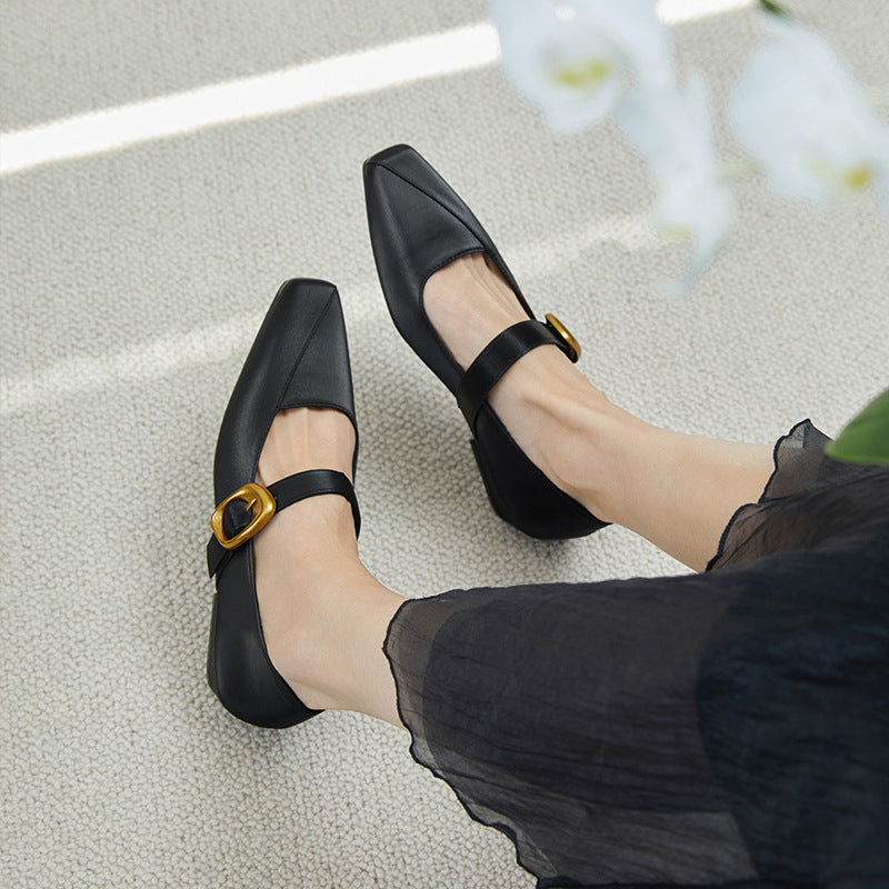 2025 Quiet luxury style silk square head single shoes women's low thick heel new comfortable commuting temperament women's shoes