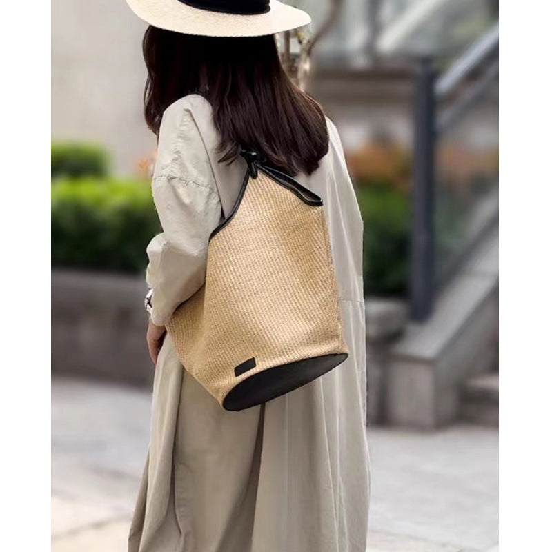 ZllKl Straw Large Capacity Bag Female Tote Bag New Summer Casual Shoulder Big Bag Commuting Woven Bucket Bag