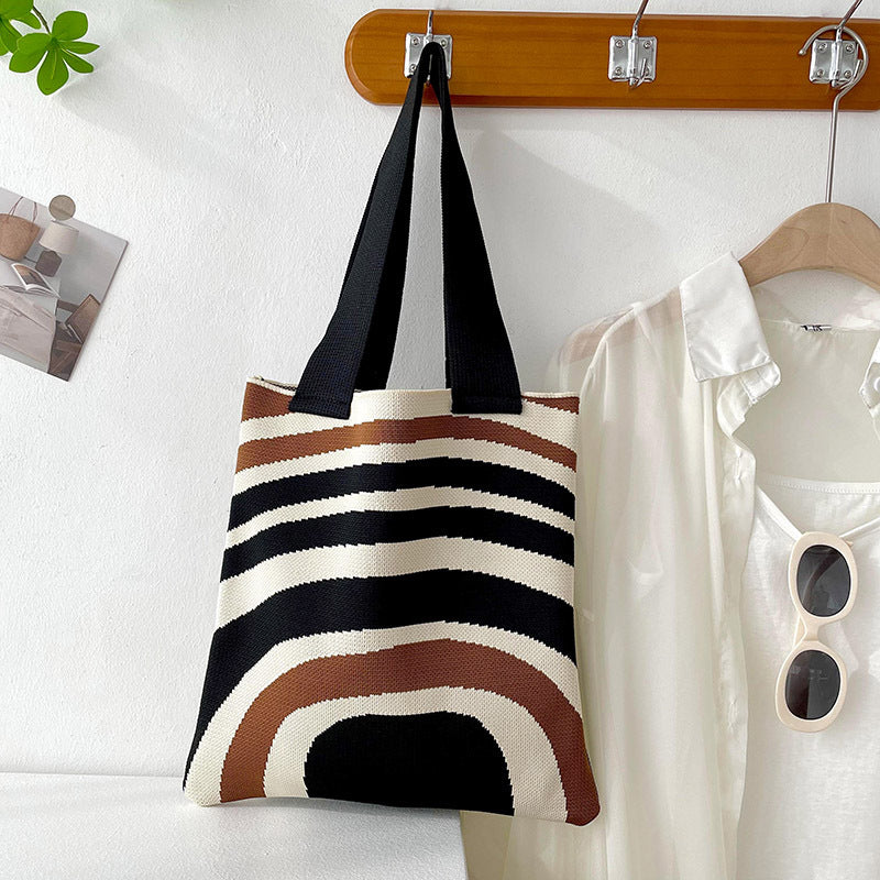 ZllKl Cross-Border Knitted Shoulder Hand Holding Tote Simple Striped Student Shopping Canvas Bag Large Capacity Women's Bag