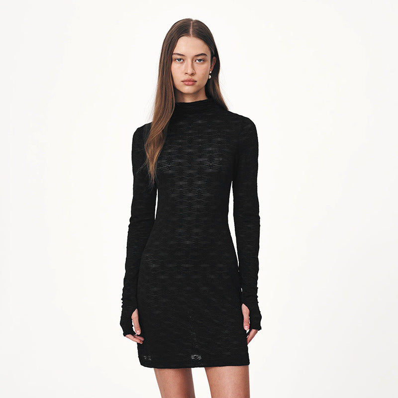 2025 F24DS147 New women's clothing autumn new simple casual solid color round neck long-sleeved lace short dress