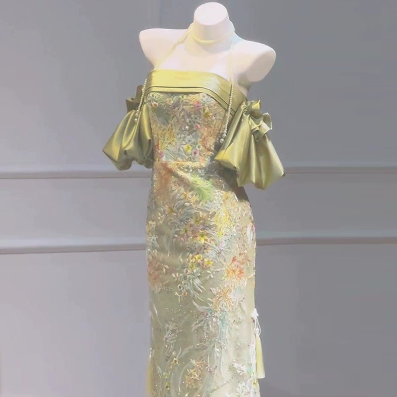 New Chinese cheongsam evening dress niche light luxury high-end banquet tube top morning robe female bride engagement floral toast