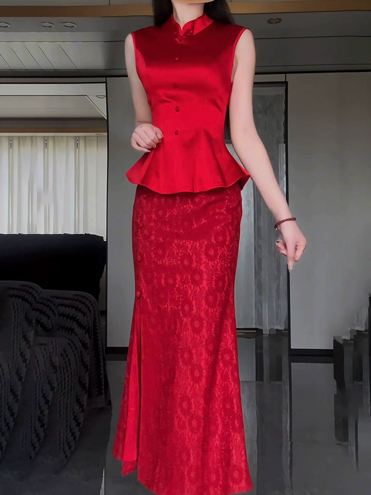 New Chinese morning gown bride wedding engagement retro fishtail dress temperament red wedding return banquet dress
