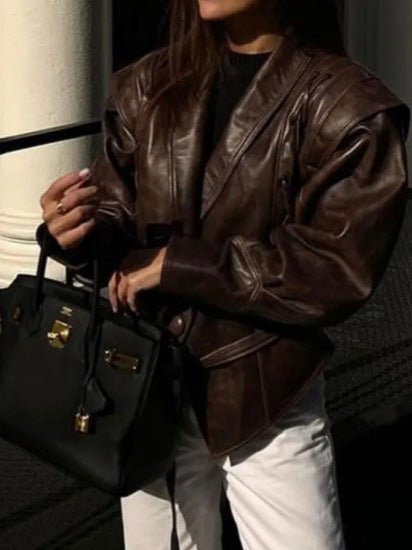 European and American cross-border 2025 winter retro lace-up faux leather jacket women's casual fashion lapel shawl Pu coat