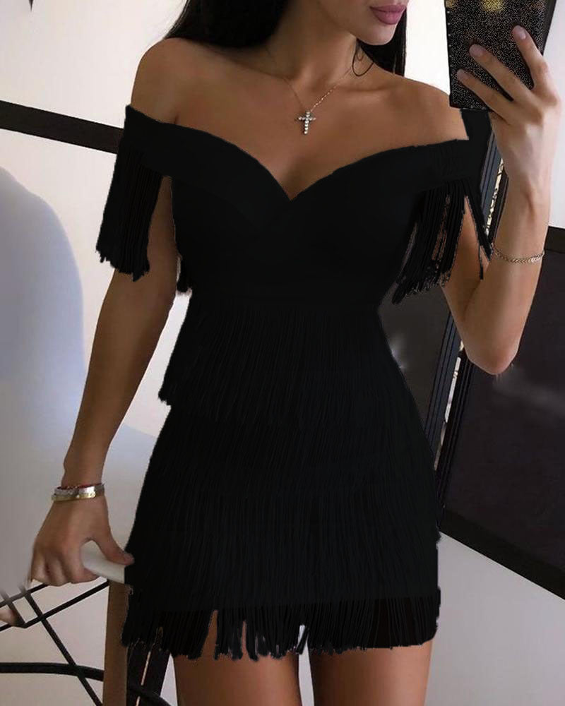 Zllk In Stock European and American Foreign Trade Fashion Tight Dress Wish New off-Shoulder Tassel Tight