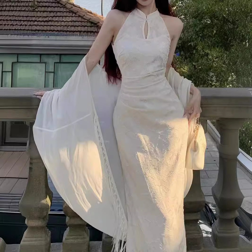 2025 Spring and summer new Chinese suit dress women's cold sense retro improved cheongsam white long dress bat sleeve cardigan