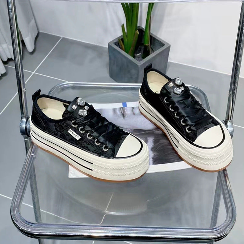 ZllKl Authentic Leather Rhinestones Low-Top Platform Canvas Shoes for Women New Spring 6cm Height Increasing Skinny Lace-up Casual Board Shoes