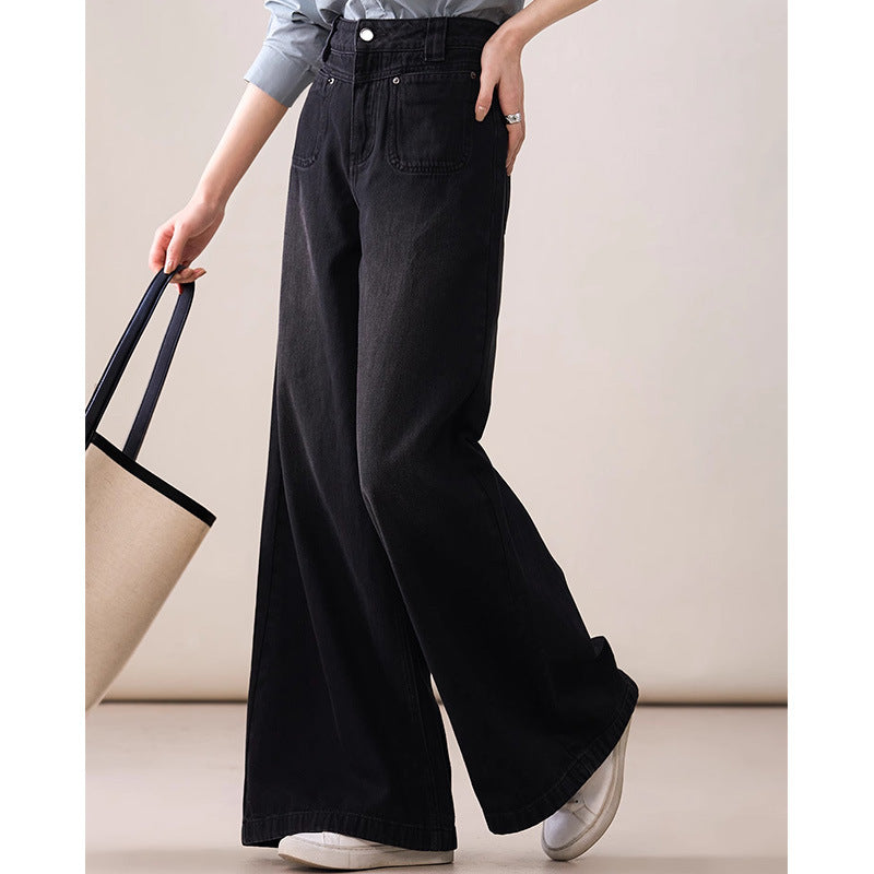 2025 Cotton retro wide-leg casual jeans, black loose high-waisted trousers spring and autumn new women's pants