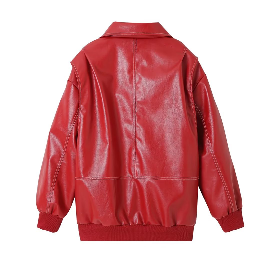 European and American cross-border women's clothing 2023 autumn and winter new PU leather couple loose American casual retro ruffian handsome locomotive leather jacket