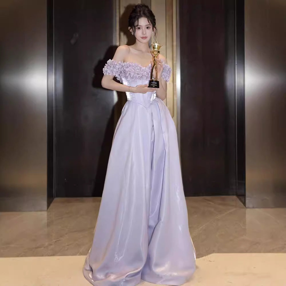 2025 Purple evening dress women's new three-dimensional flower shoulder dance dress host dress