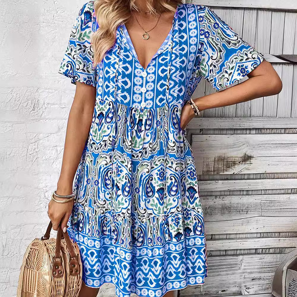 Zllk European and American Cross-Border Summer New V-neck Dress Fashion Loose Bohemian Printed Short Skirt