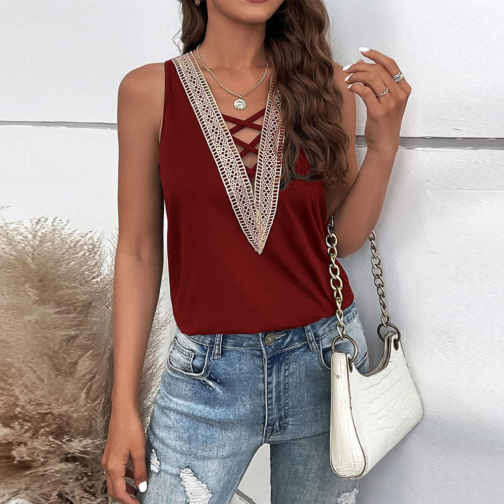 popular spring and summer New women's clothing sexy hollow V-neck sleeveless casual vest loose solid color top TOP