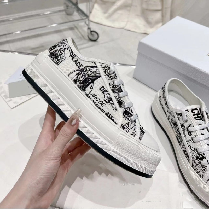 ZllKl Spring and Summer New D Low-Top Canvas Shoes Female Feide Embroidered Presbyopic HOTan and NEWn Leisure All-Match Thick Bottom Board Shoes