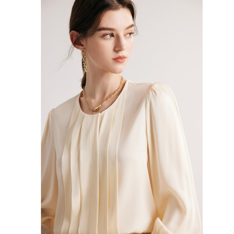Silk shirt women's popular spring and summer new solid color round neck OL commuting 19 mmi elastic double Joe mulberry silk top