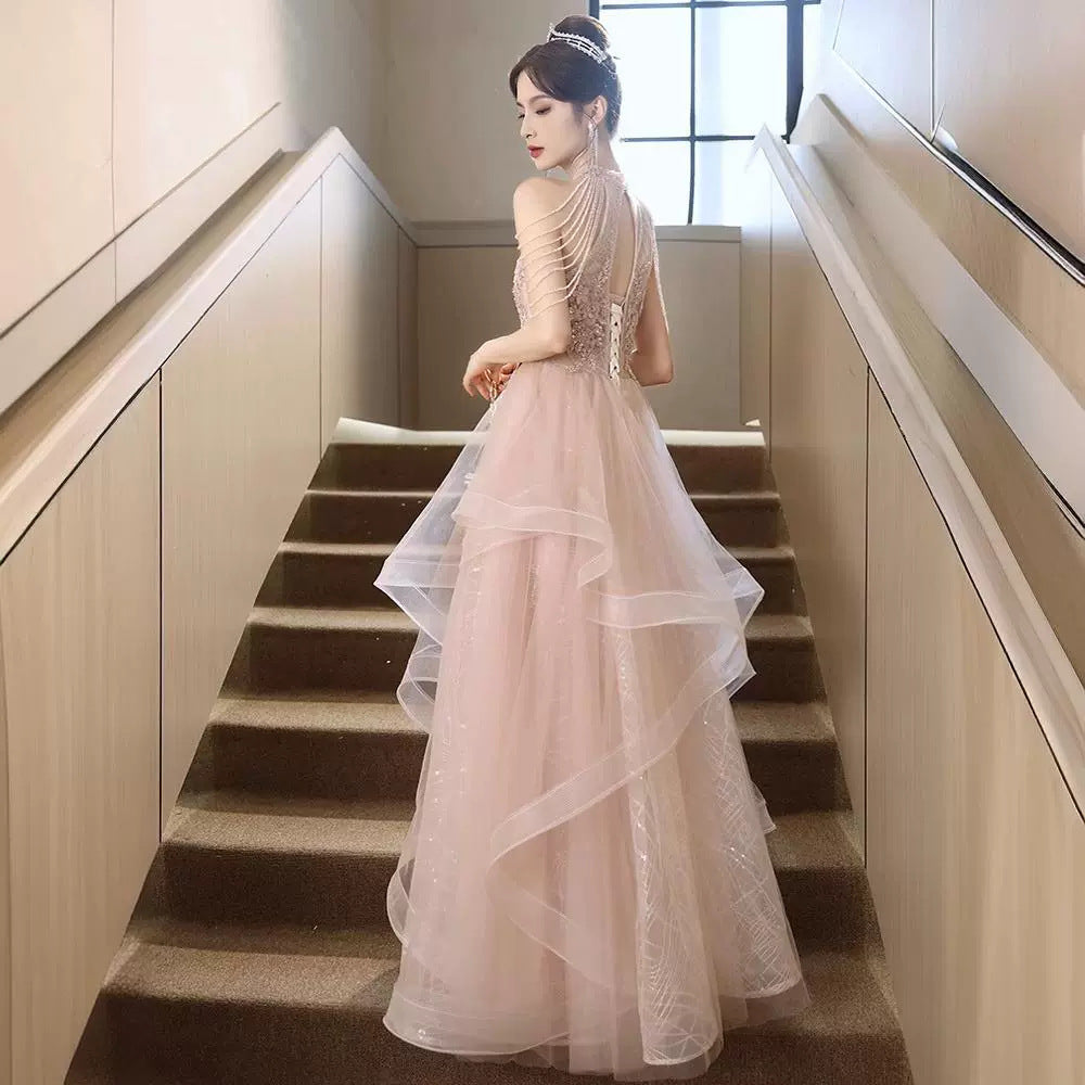 2025 Banquet evening dress dress 2025 new light luxury pink fringed high sense engagement toast dress bridal morning gown dress