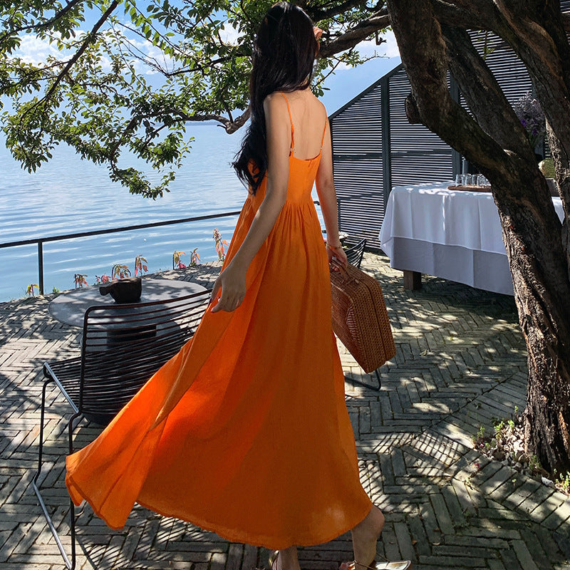 2025 vacation style orange suspender A-word dress summer dopamine vacation beautiful temperament waist long skirt