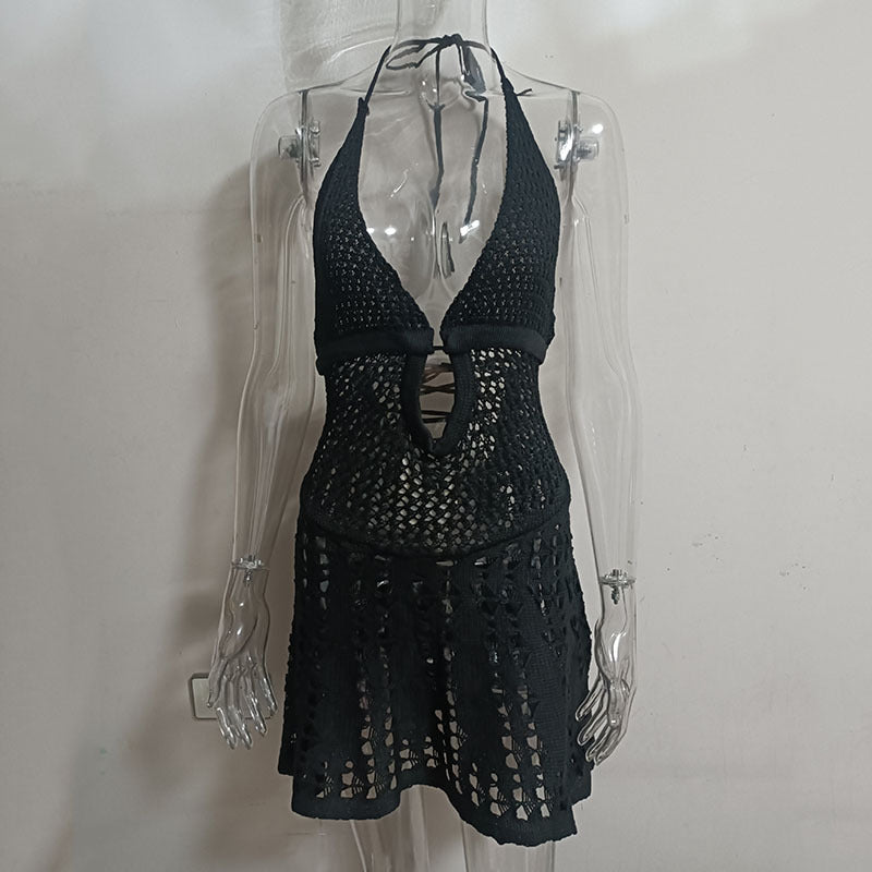 Sexy Spaghetti Straps Knitted Hollow Backless Lace-up New 2025 Summer New European and American Knitted Dress
