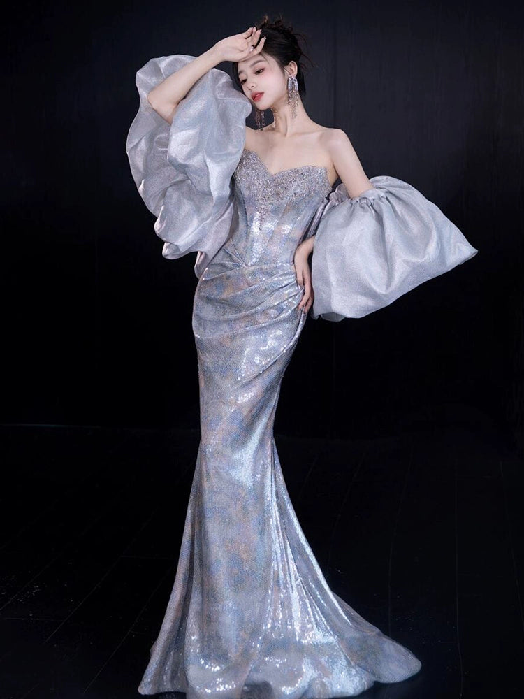 High-end sequined evening dress heavy industry tube top bride engagement fishtail temperament light luxury socialite banquet dress