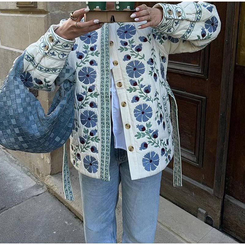 Printed lace-up waist jacket cotton jacket 2025 European and American cross-border fashion women's autumn and winter single-breasted warm jacket