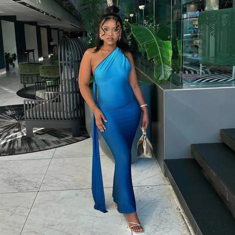 Y6028 European and American Women's Clothing 2025 Hot Summer Sleeveless Oblique Shoulder Gradient Color Sexy Slim Hip Dress Long