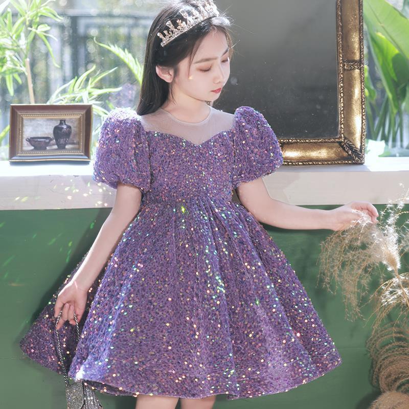 ZllKl Blue Sequined Children's Dress Girl Princess Dress Birthday Full-Year Baby Girl Catwalk Host Piano Performance Wear