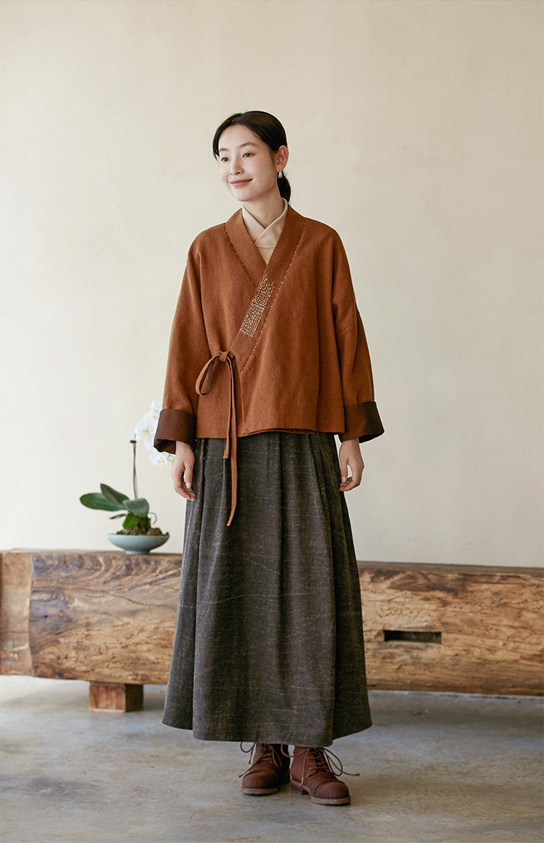 2025 Retro v-neck new Chinese loose coat, linen cotton contrasting colors and old hand-embroidered thread lace-up coat female A1036
